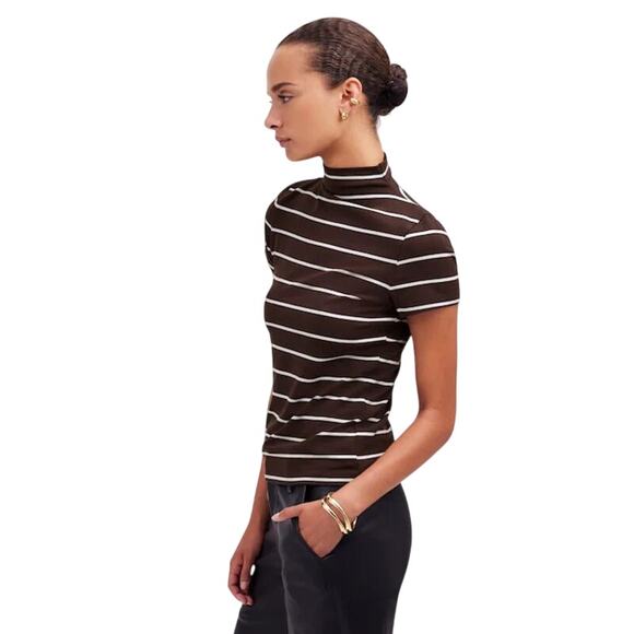 NWT Madewell Striped Mockneck Slim Fit Tee XXS Brown White Short Sleeve - Picture 2 of 9